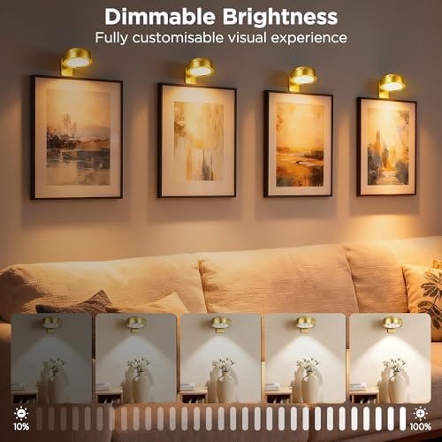 4-Pack Picture Lights for Wall, Rechargeable Cordless Poster Lights, Gold - 2