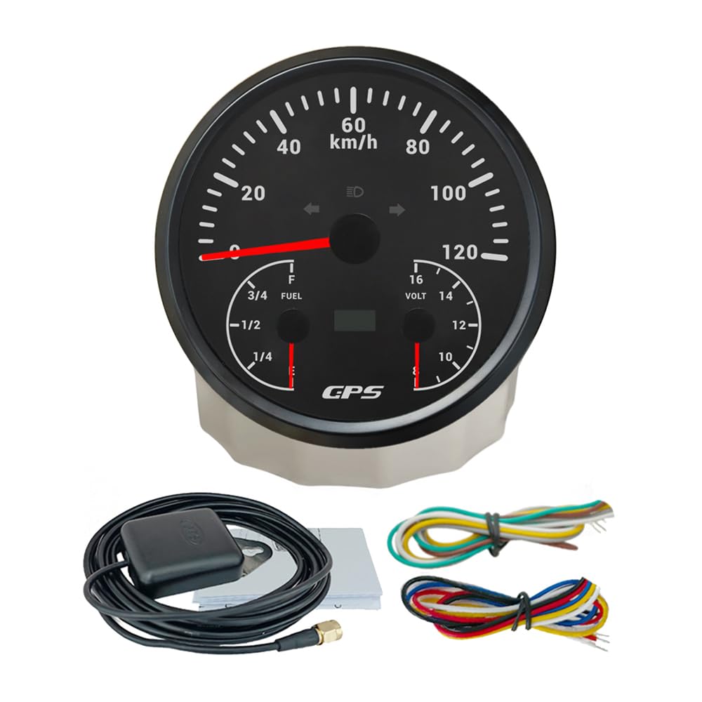 ELING Tachometr GPS 3 w 1, 110 mm, 0-120 km/h, ze wskaźnikiem poziomu paliwa, woltomierz 12 V, 7-kolorowe podświetlenie tła do samochodów ciężarowych, wózków widłowych, jachtów