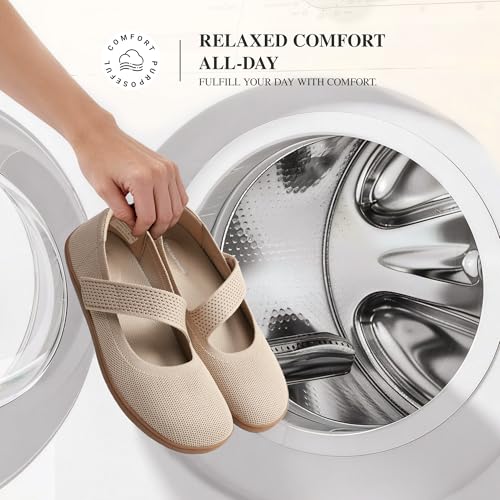 DREAM PAIRS Damskie baleriny Mary Jane Barefoot Knit Wide Toe Box Arch Support Płaskie buty dla kobiet szykowne na co dzień biuro biznes praca podróż spacer, CIELISTY, 37 EU