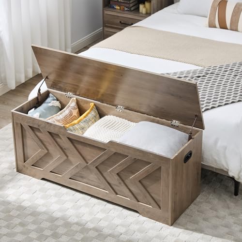 XDliv 47.2” Storage Bench,Extra Large Wooden Storage Chest with 2 Safety Hinges,entryway Bench,Blanket Storage,Shoe Storage Bench for Entryway,Bedroom,Living Room,Easy Assembly.-Greige - Thumbnail 5