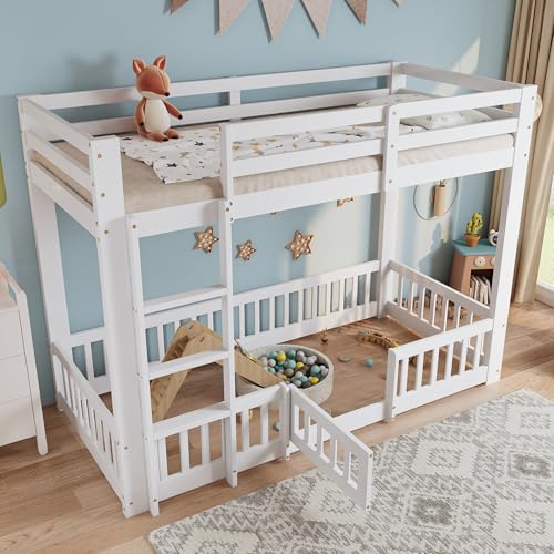 LAKFEW Litera de 90x200 cm Cama Infantil con Escalera y Dispositivo Anticaída, Litera Infantil, Camas Infantiles Literas con Valla, Cama Litera de Madera, Blanco, Sin Colchón
