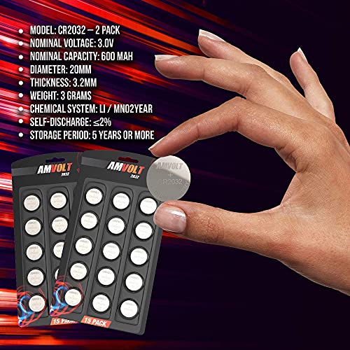 Amvolt 15 Pack Cr2032 Batteries [Extended Life] 220Mah 3 Volt Lithium Replacement Airbag 3V C2032 Watch Battery Coin Round Button Cell - Key Fob - Child Resistant | 5 Year Guarantee Shelf-Life #TOP7