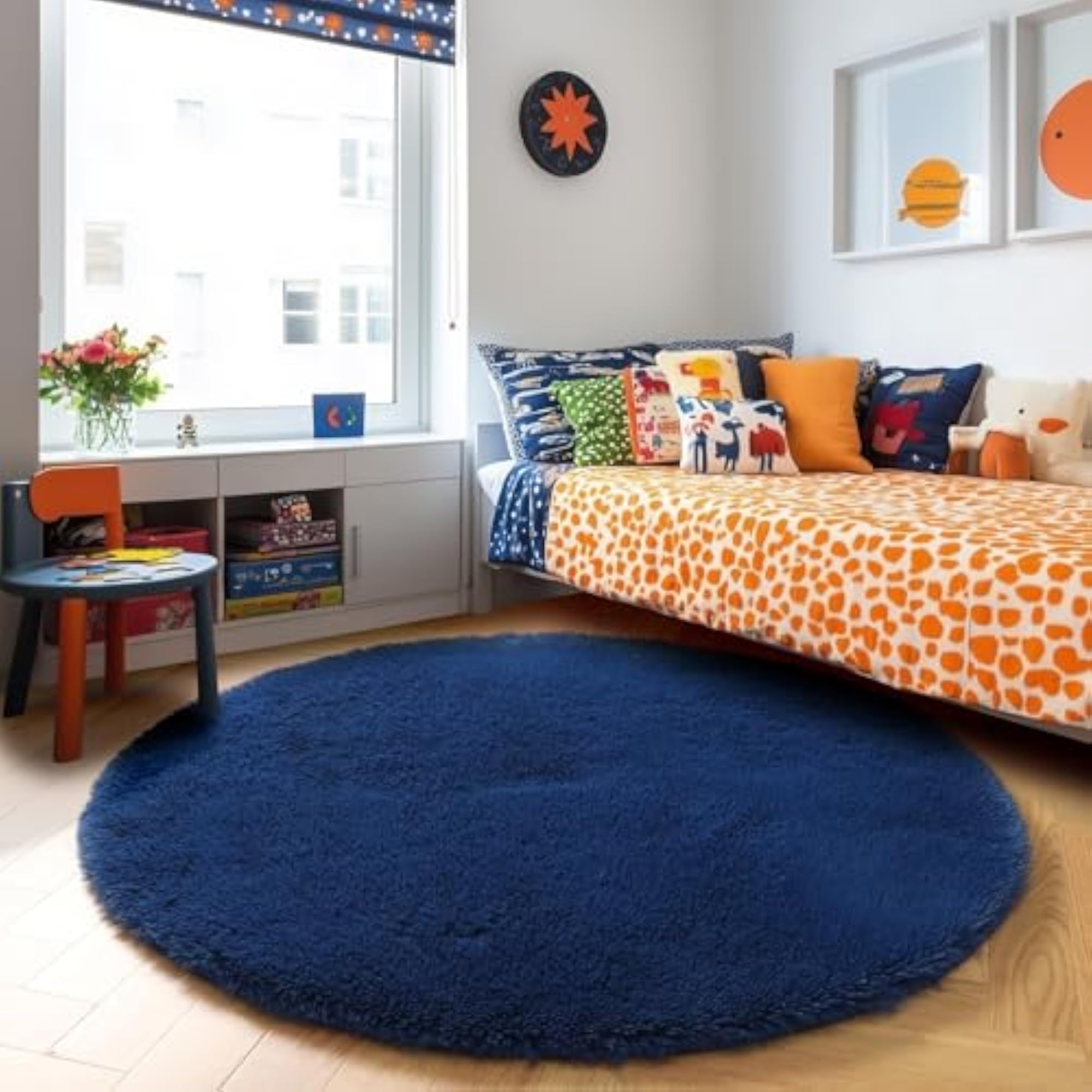 Extra Soft Round Navy Blue Fluffy Area Rug for Kids