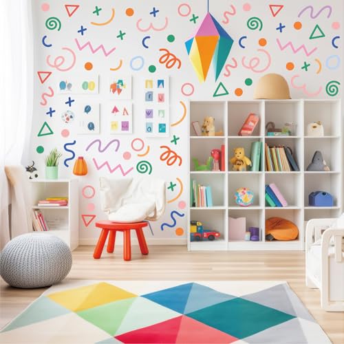 200 PCS Colorful Abstract Geometric Wall Decals, 10 Sheets Peel & Stick Removable Vinyl Wall Stickers, Mixed Size Shapes (1.8–5.7 in) for Nursery,...