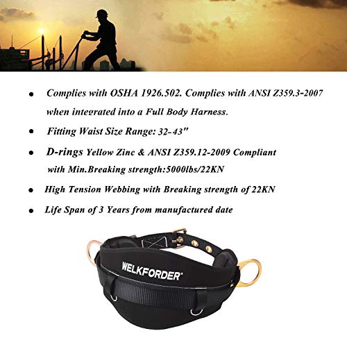 WELKFORDER Tongue Buckle Body Belt With Hot-Pressing Waist Pad and 2 Side D-Rings Personal Protective Equipment Safety Harness | Waist Fitting Size 32'' to 43'' for Work Positioning, Restraint