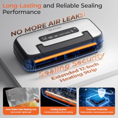 SEATAO Vacuum Sealer Machine for Food, 80Kpa Powerful Food Sealer Vacuum Sealer for Dry/Moist, 7-in-1 Seal a Meal for Sous Vide, Easy-Lock Handle, Built-in Cutter & Bag Storage, Removable Drip Tray