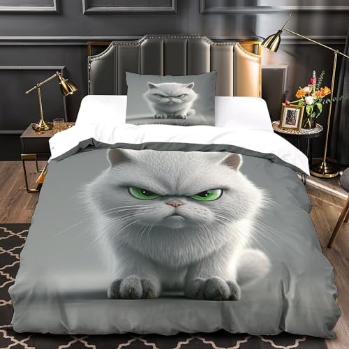 Housse de couette 135x200 chat imprimé 3D avec taies d'oreiller microfibre lit 1 personne douce - 3