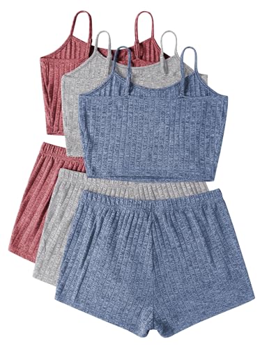Image of Ekouaer 3 Sets for Women Ribbed Pajamas Crop Cami Top and Shorts Pjs Casual Sleeveless Button Lounge Set Sleepwear