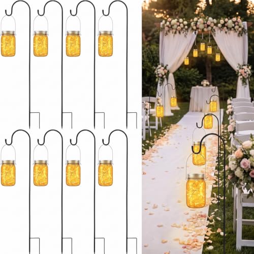 Ferrochef 8 Sets Solar Mason Jar Lights Lanterns with 32'' Shepherds Hooks Solar Waterproof Lights Wedding Aisle Decoration Lanterns for Patio Garden Porch Yard Backyard Balcony Decor