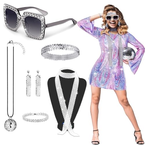 MUFEKUM Disco Accessoires, 70er jahre Kostümzubehör 70er Accessoires Pailletten Quaste Ohrringe Stirnband Strass Armband Halskette Sonnenbrille 70er 80er Jahre Glitzer Outfit Damen (Silber)
