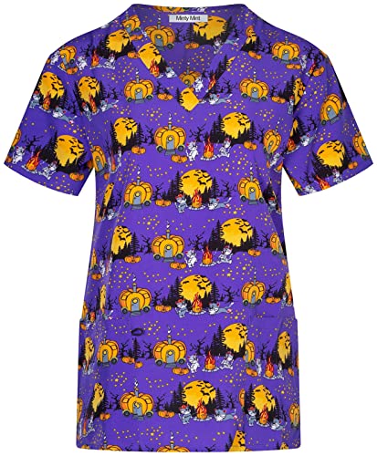 Minty Mint Women's Stretch Halloween lPrinted V-Neck Medical Scrub Top Purple M