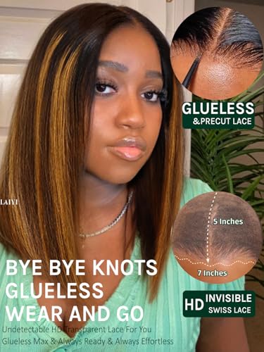 Image of KLAIYI Bye Bye Knots Glueless Wig Ombre Brown with Blonde Bob Straight Precut 7x5Lace Front Human Hair Wig with Dark Roots Pre Plucked Bleached Blunt Cut Balayage Highlight Ready to Wear and Go 14Inch