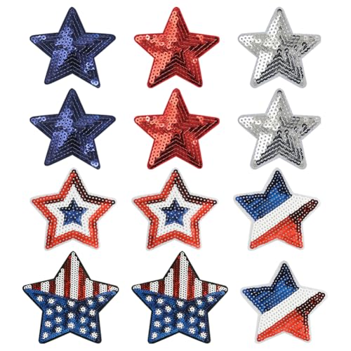 Image of FSSTUD 24 Pcs Patriotic Star Appliques Iron on Sequin Stars Red White Blue Sequin Patches 5 Star Embroidered Patches American Flag Color Applique Patches for Hat Jacket