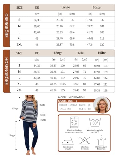 Breampot Schlafanzug Damen Lang Pyjamas Baumwolle Rundhals Nachtwäsche Set Winter Freizeitanzug Schlafanzüge mit Bündchen (Dunkelblau, Large)
