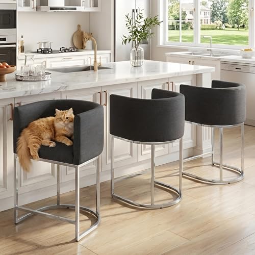 Image of HNY Modern Counter Height Linen Charcoal Fabric Upholstered Counter Stools Set of 2, 24 Inch Kitchen Island Stool with Chrome Finish Metal Frame