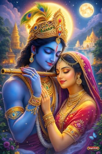 Image of Rangoli Radha Krishna Self Adhesive Poster 12x18 Inch | Divine Hindu God Wall Sticker Poster for Home Temple Pooja Room Living Room Bedroom Decor | Spiritual Devotional Wall Art