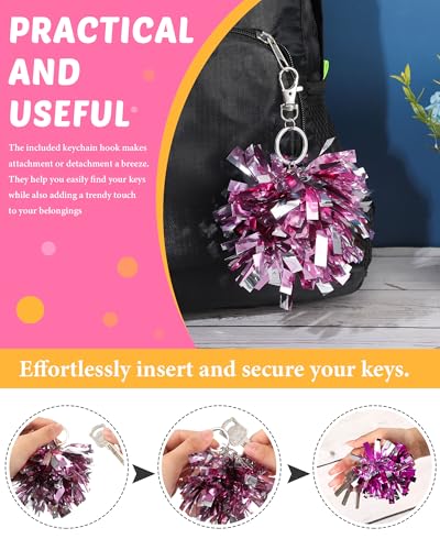 Remuuly 20 Pcs Cheer Pom Pom Keychain Cheerleader Gifts Cheerleading Keyring Charm Foil with Keychain Hooks for Women Accessories (Pink Silver)