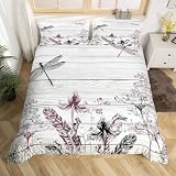 Wildflower Dragonfly Duvet Cover Butterfly Bedding Set Botanical Leaves Comforter Cover for Boys Girls Children Teens Bedroom Decor Nature Herbs Plants Bedspread Cover King Size With 2 Pillow Case
