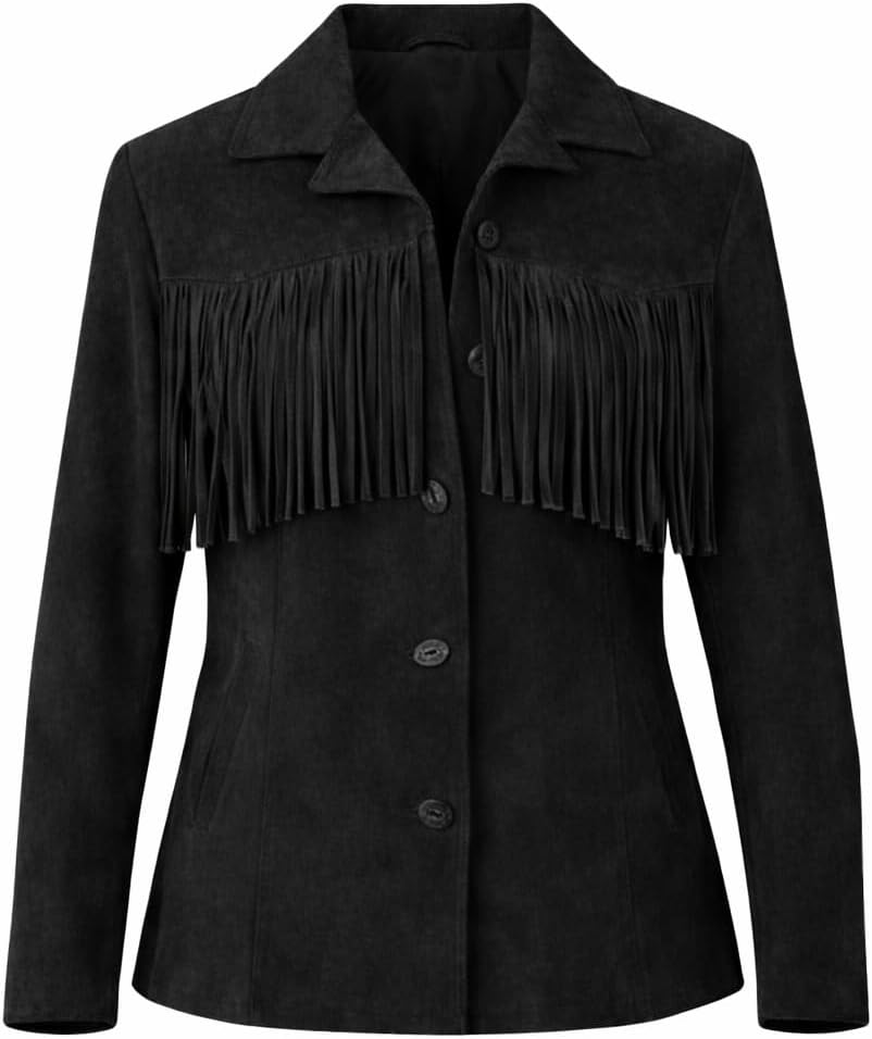 Women’s Western Suede Fringe Jacket – Genuine Leather Cowgirl Coat with Button Closure, Vintage Frontier Style