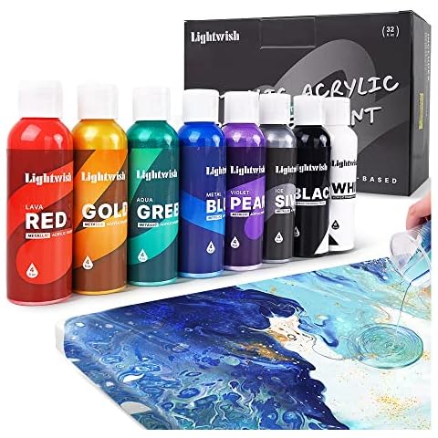 LIGHTWISH Metallic Acrylic Pouring Paint, 8 Iridescent Colors,4fl oz/118ml Bottles, Pre-Mixed High Flow Acrylic Paint Supplies for Canvas Wood Stones DIY Cover