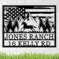 Custom Horse Ranch Metal Sign - Personalized American Flag Elements Mountain Forest Running Horse Address Sign - Large Metal Wall Art - Horse Lover Gift
