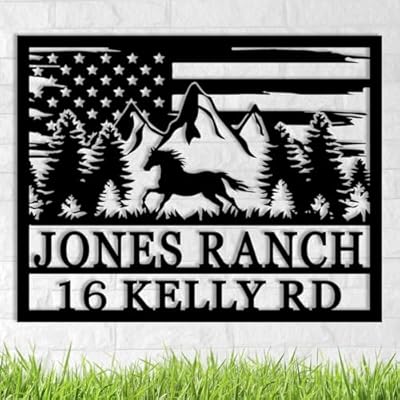 Custom Horse Ranch Metal Sign - Personalized American Flag Elements Mountain Forest Running Horse Address Sign - Large Metal Wall Art - Horse Lover Gift