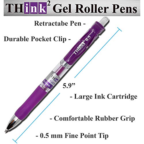 Image of [24 Pens - Purple Ink] Think2 Retractable Gel Pens. (24 Purple) Fine Point (0.5mm) Rollerball Pens with Comfort Grip.