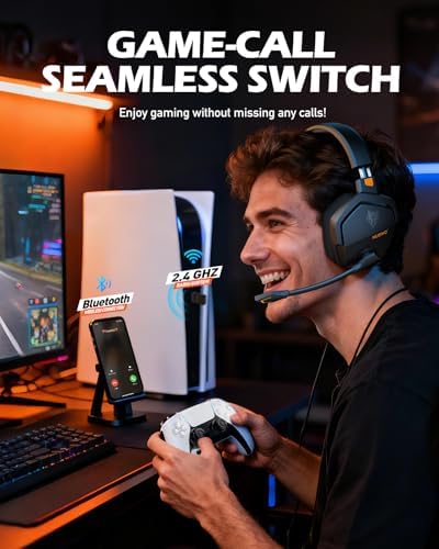 NUBWO Wireless Gaming Headset with Mic for Ps5 Ps4 PC, Zero Interference, 100-Hour Battery All-Day Play, 23ms Sync​ for Fortnite & Call of Duty/FPS Gamers, Triple Mode All Devices Compatible - Orange - 2