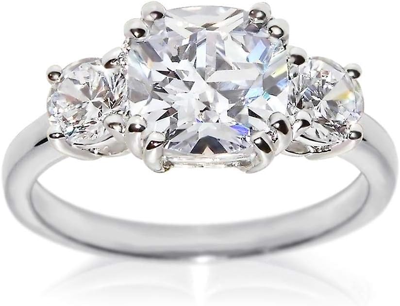 IVY & BAUBLE 3 Stone Cushion Cut Simulated Diamond Engagement Rings for Women in 18K Yellow Gold Plating, Size 5-10