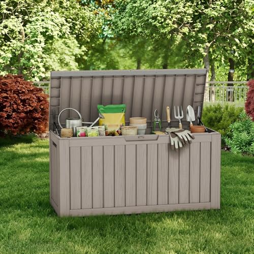 Trygoal 80 Gallon Deck Box, Waterproof Resin Outdoor Storage Box Lockable for Patio Furniture, Fade Resistant Patio Side Table & Organizer for Garden Tools, Pool Floats, Outdoor Cushions, Light Coffee by Trygoal - Used condition - Image 6