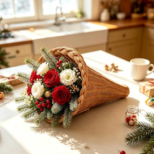Lovskoo Rattan Cornucopia Basket 11" Fall Horn Of Plenty Woven Basket - image 4