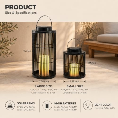 Sograkeo Solar Lanterns Outdoor Waterproof 2 Pack, Cylindrical Birdcage Rattan Solar Lantern with Handle, Flickering LED Dusk to Dawn, Hanging or Tabletop Decor for Garden Patio Yard (Set of 2 Sizes) by Sograkeo - Used condition - Image 6