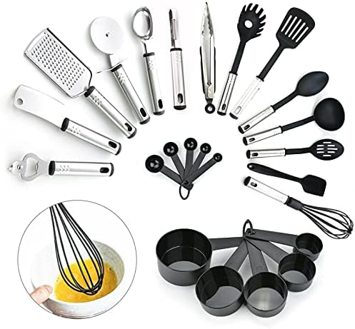 Kitchen Utensils Set, 24 Piece Stainless Steel Heat Resistant Cooking Utensils Set with Black Block Holder - Non-Stick Cooking Supplies Opener, Spoon, Whisk Cookware Set