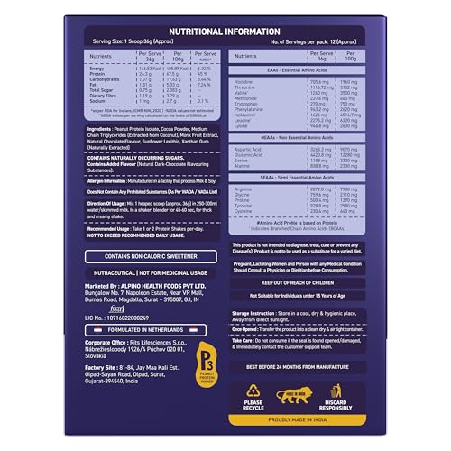 Image of ALPINO Supernatural Peanut Protein Powder Dark Chocolate 432g (36g x Pack of 12) - Roasted Peanuts, Cocoa Powder & Monk Fruit - 24g Protein, 5.1g BCAAs, No Added Sugar - World's First Peanut Protein Isolate