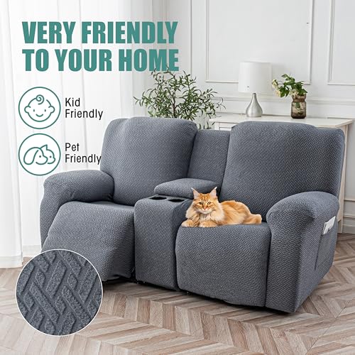 Image of Genina Recliner Loveseat Covers with Console, Stretch Reclining Sofa Covers, 2 Seater Couch Cushion Stripe Jacquard Recliner Slipcovers - Furniture Protector Covers for Pet Kid (Dark Gray)