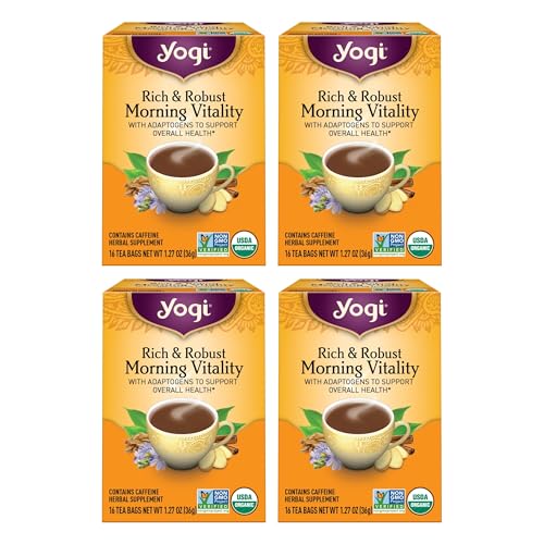 Yogi Tea Rich & Robust Morning Vitality Tea - 16 Bags per Pack (4 Packs) - Organic Adaptogen Tea Perfect for the Morning - Includes Puerh Tea Leaf, Roasted Chicory Root, Cinnamon Bark & More