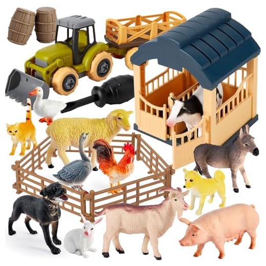 BUYGER Animali della Fattoria per Bambini, Realistica Figurine Animali Plastica, Assemblare Stalla, Trattore Agricolo e Recinto, Educativo Giocattolo Giochi Animali per Bambini Bambina 3 4 + Anni