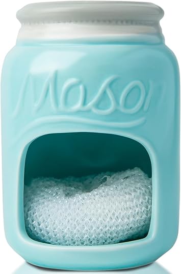 Comfify Aqua Blue Mason Jar Ceramic Sponge Holder Farmhouse Sink Caddy | Aqua Blue; mason jar ceramic; 5"H x 3.75" diameter; includes nylon scrubby; embossed MASON; decorative lid; farmhouse