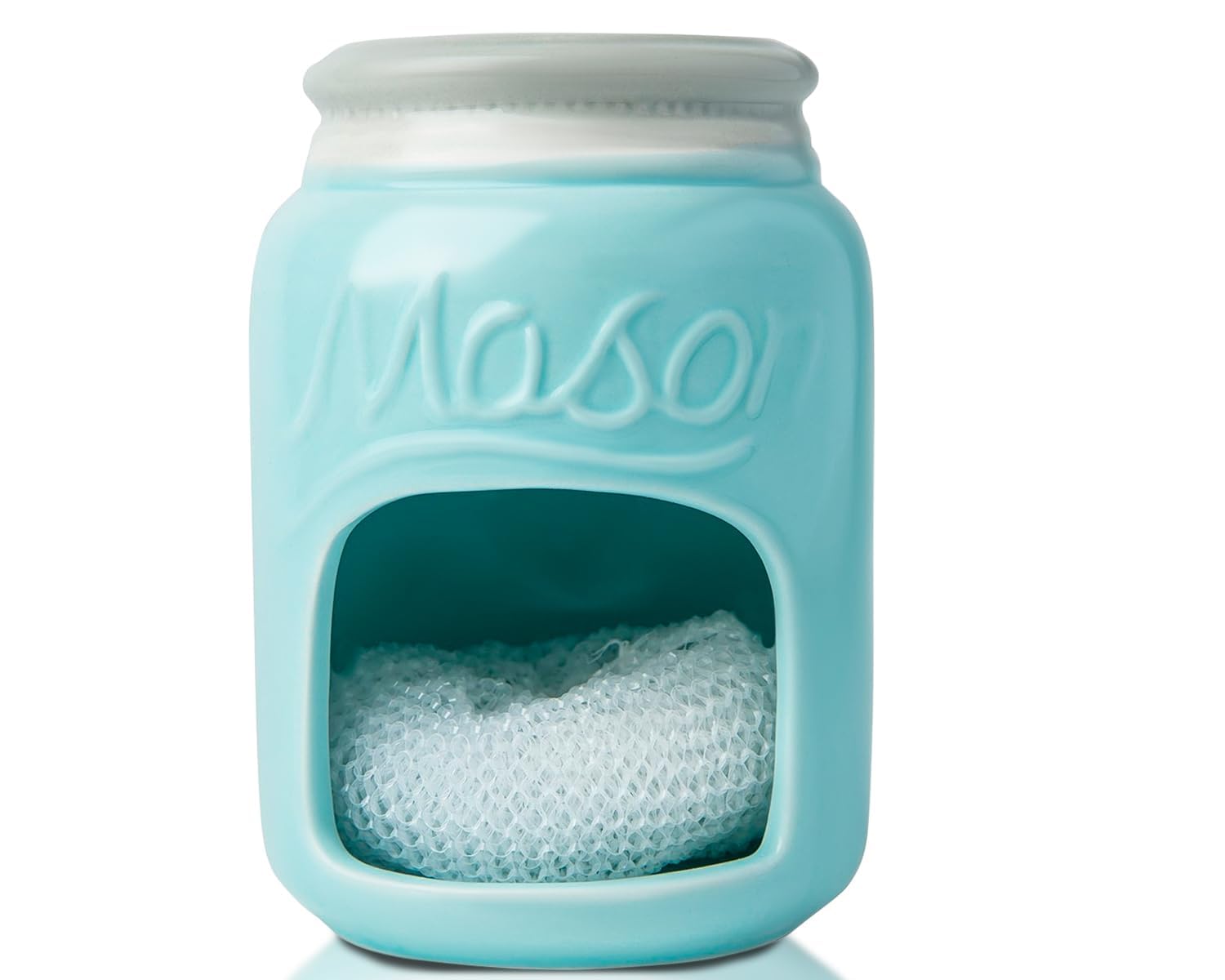 Comfify Ceramic Sponge Holder Aqua Blue Farmhouse Sink Caddy Mason Jar Kitchen Accessory Includes Free Sponge