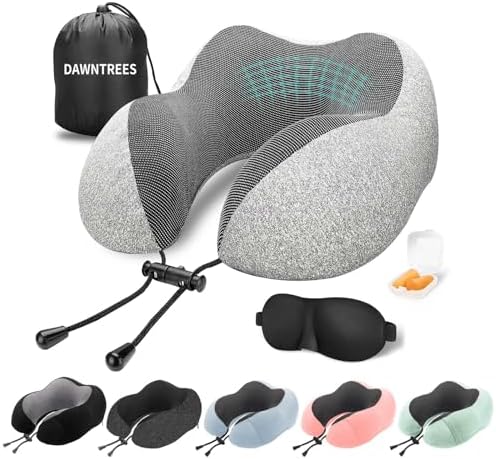 DAWNTREES Travel Pillow Neck Support,Pure Memory Foam Neck Pillows for Travel Airplane, Business Trip with Luxury Bag, Travel Kit with 3D Contoured Eye Masks, Earplugs.