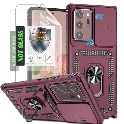 AYMECL Protective Phone Case with Slide Camera Cover, Magnetic Ring Kickstand & 2 Self-Healing Films | Compatible with Samsung Galaxy Note 20 Ultra - Rosered