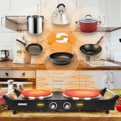 Miniatura 5 de Duronic Hp2 Bk Hornillo Eléctrico Portátil 2500w Con 2 Fuegos Diámetro 187mm Y 152mm Y Termostato Regulable, Placa De Cocción De Acero Inoxidable Con Asas Calientaplatos, Para Camping