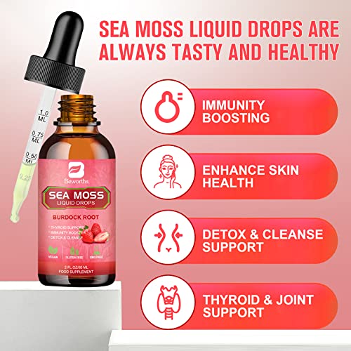 B Beworths Sea Moss Liquid Drops - 92 Vitamins Minerals Organic Irish Sea Moss Gel With Burdock Root Supplement Immune, Joint & Thyroid, Detox Cleanse & Digestive Support For Adults - 2 Fl Oz, Vegan #TOP1