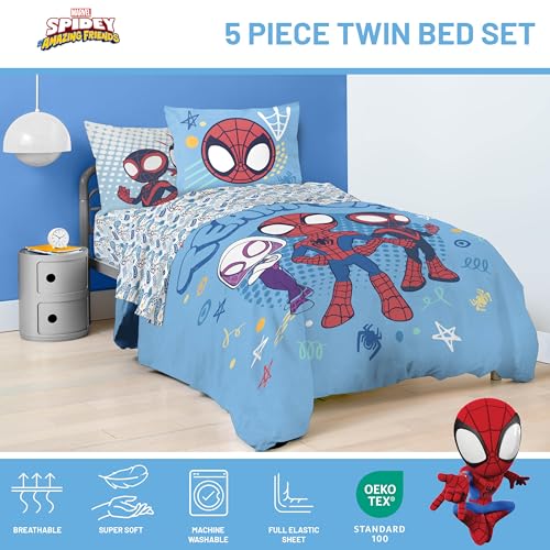 Image of Marvel Spidey and Friends Twin Comforter Set 5 Piece Kids Bedding, Blue | Ghost-Spider, Bed in a Bag, Comforter Sheets Sham Pillowcase, Official Product, Soft Microfiber, Machine Washable, Kids Gift