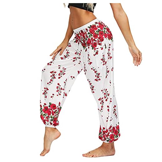 Nuofengkudu Femme Harem Pantalon Sarouel Thaïlandais Hippie Baggy Léger Boho Ethnique Smockée Taille Haute avec Poches Yoga Pants Été Plage (Y-Blanc Floral,Taille Unique)