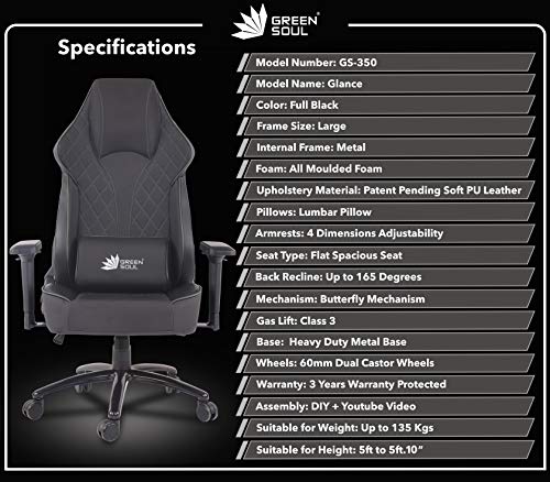 Image of Green Soul Glance Series Multi-Functional Chair (GS-350) (Full Black) (Size - Large), Metal, PU Leather