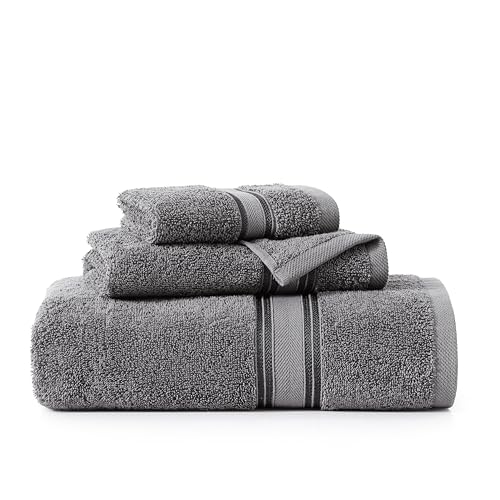 Image of Lane Linen Luxury Bath Towels Set - 3 Piece Set, 100% Cotton Bathroom Towels, Zero Twist, Quick Dry, Super Absorbent & Soft, 1 Bath Towel, 1 Hand Towel, 1 Wash Cloths - Cool Grey