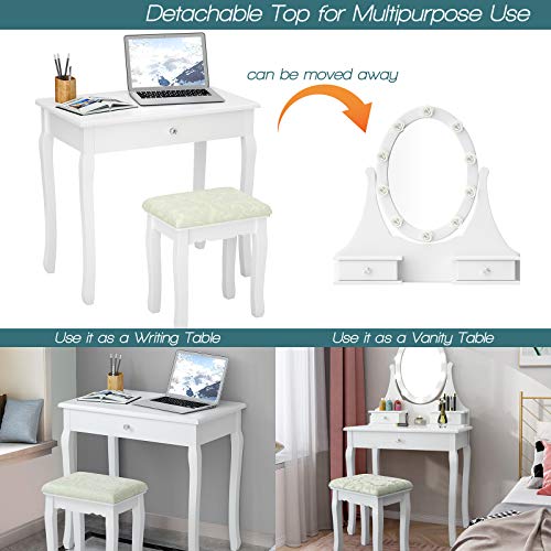 Charmaid Girls Vanity Set With Lighted Mirror And Stool, Princess Makeup Table With 10 Rose Lights And 3 Drawers, White Dressing Desk With Rotatable Mirror And Cushioned Stool For Girls Kids #TOP4