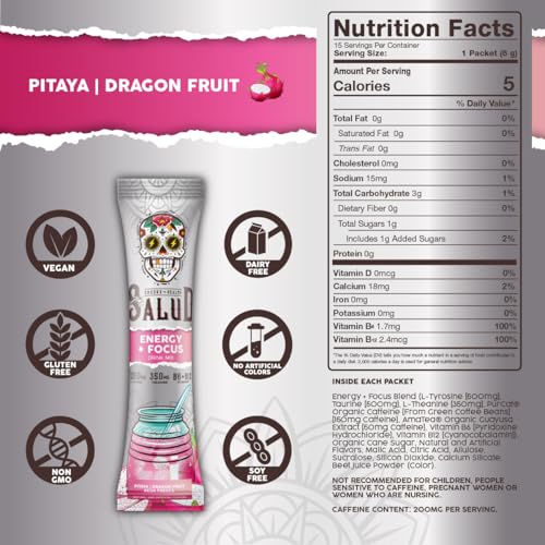Image of Salud 2-in-1 Energy Drink Powder + Focus, Dragon Fruit, 15 Servings