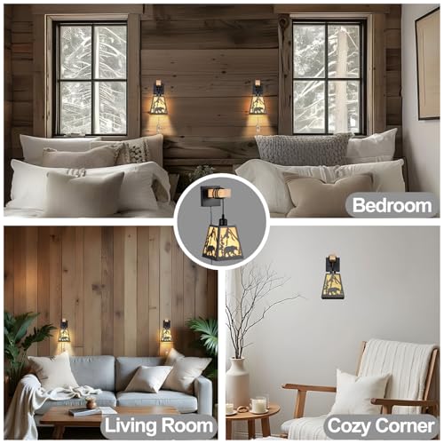 Image of Plug in Wall Light,Bear Metal Rustic Wall Sconces,Parchment Farmhouse Wall Sconces Set of Two,Black Industrial Wall Mounted Light,Wall Lamps for Bedroom,Living Room,Bedside,Indoor,Bathroom